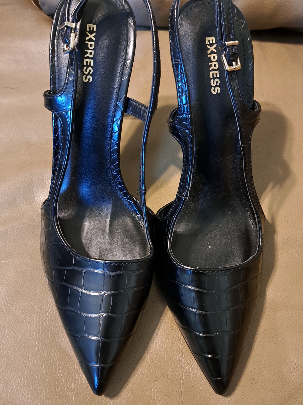 Express Women's Black Croc-Embossed Pointed Slingback Heels